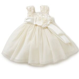 Cream Formal Dress with Tulle Skirt and Bow Detail